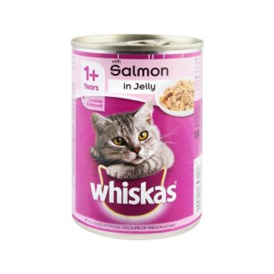 WHISKAS CAT FOOD WITH SALMON IN JELLY TIN 390GM