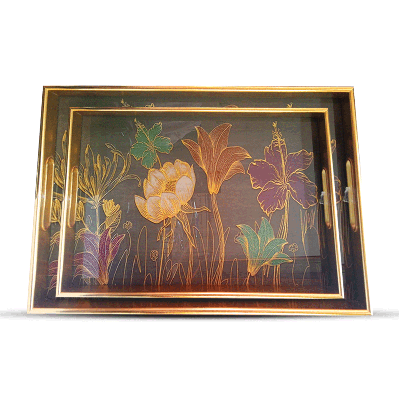 TRAY SET WOOD + GLASS 14084