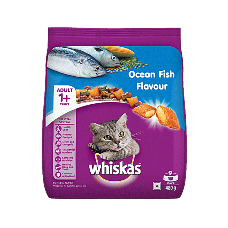 WHISKAS CAT FOOD ADULT 1+ OCEAN FISH 480GM