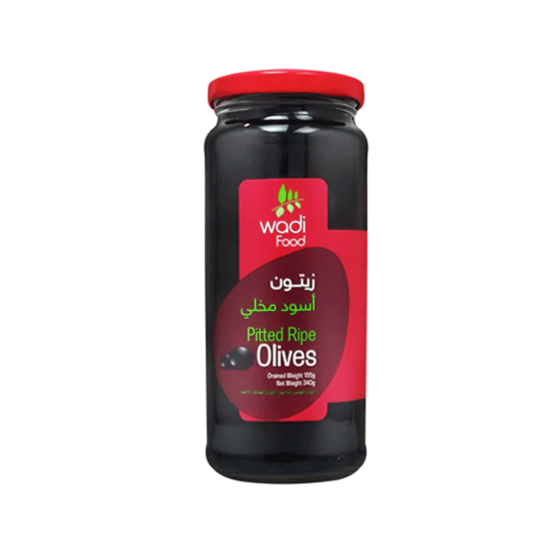 WADI FOOD BLACK PITTED RIPE OLIVES 340GM