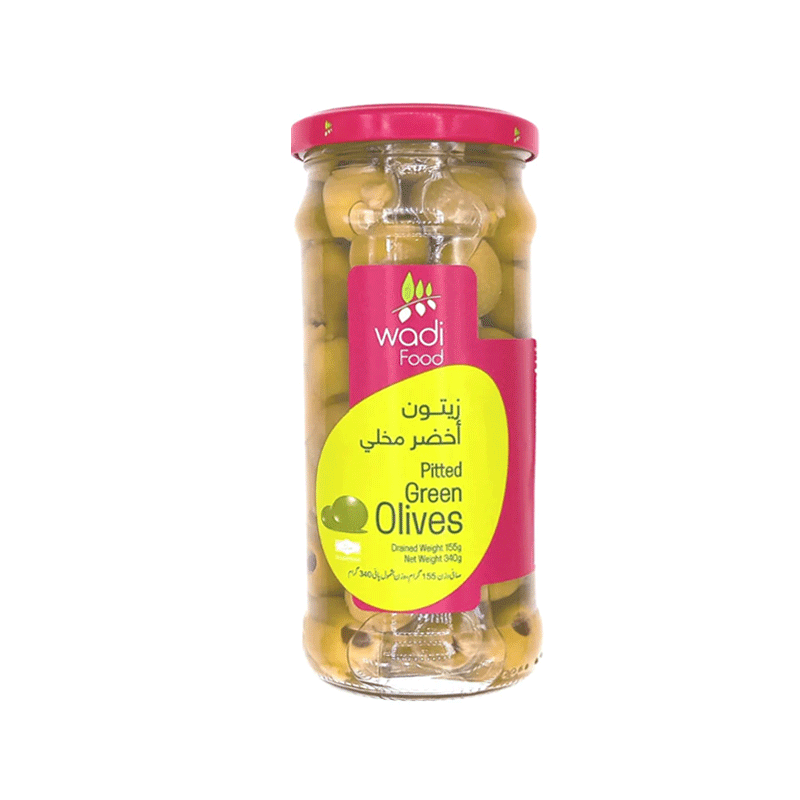 WADI FOOD GREEN PITTED OLIVES 340GM